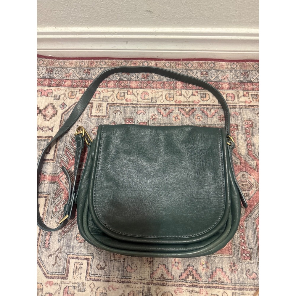 Fossil Hunter Green Leather Crossbody Saddle Bag Flap Purse Antique Brass